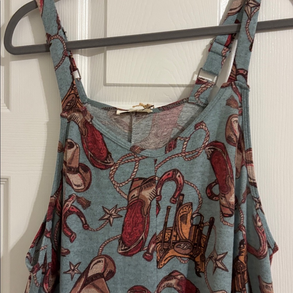 Sleeveless Printed Overalls with  Pockets - Dusty Blue & Rust - Picture 2 of 6